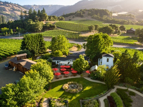 ariel view of the Goldeneye Estate vineyards & tasting room