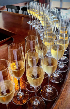 sparkling wine glasses with sparkling wine lined up on a wood bar top