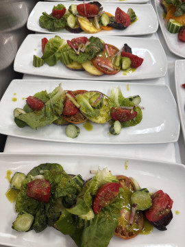 4 plates with tomatoes lettuces cucumbers