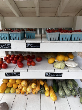 farm stand with yellow and green squash and baskets of tomatoes