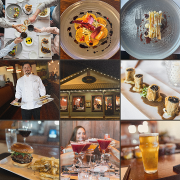 collage of eating drinking, toasting, food and drink