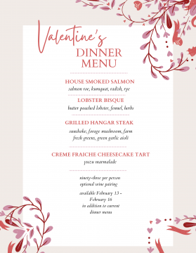 Menu with hearts and pink leaves