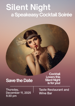 a flyer titled Silent Night with a photo of a women with her finger to her mouth as if to quiet someone