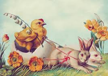 Vintage graphic of a yellow chick riding an egg with 2 hares pulling 