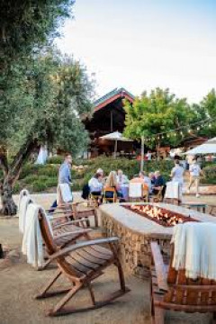 people sitting at tables with firepit in foreground